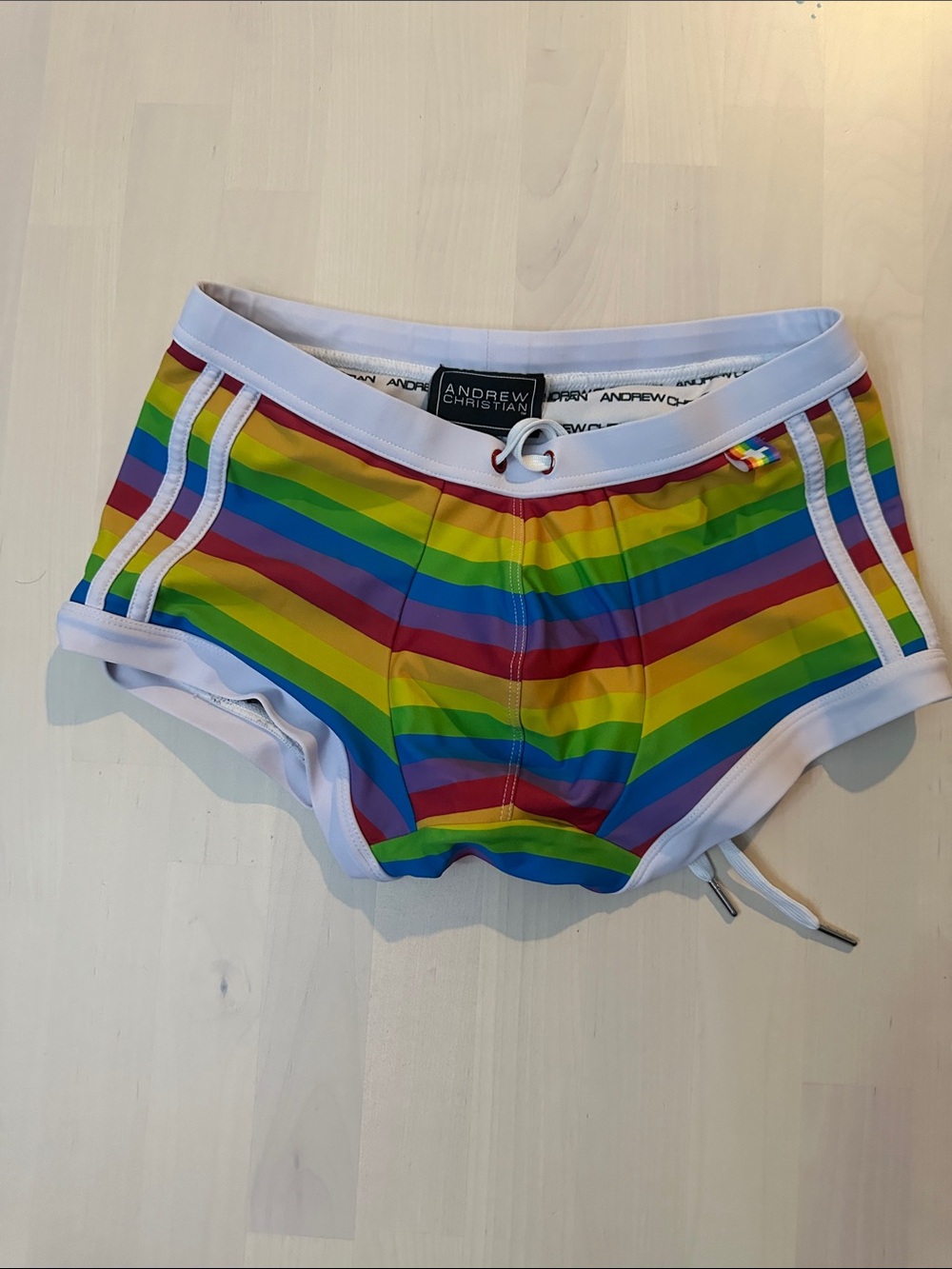 Andrew Christian Rainbow Stripe Swim Shorts with White Trim